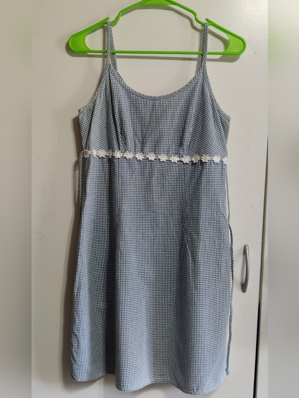 Blue Gingham Spaghetti Strap Sundress with Lace Trim
